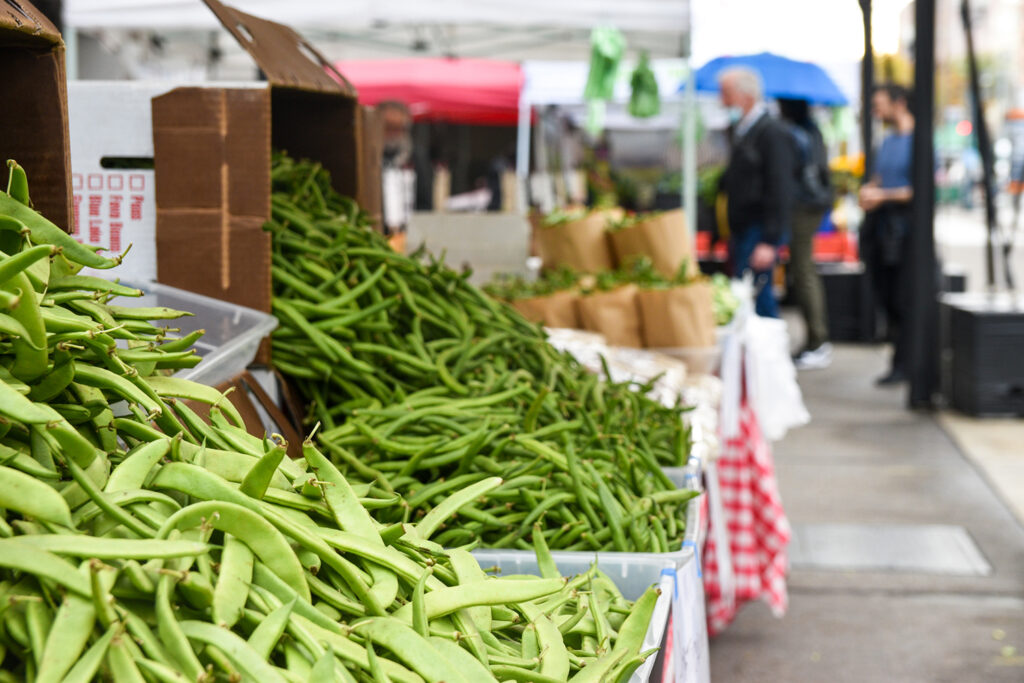 peas and beans at Iacopi Farms FPFM stand on a rainy day